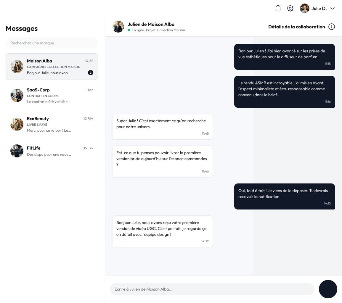 Messagerie Virall : conversation entre une créatrice et une marque